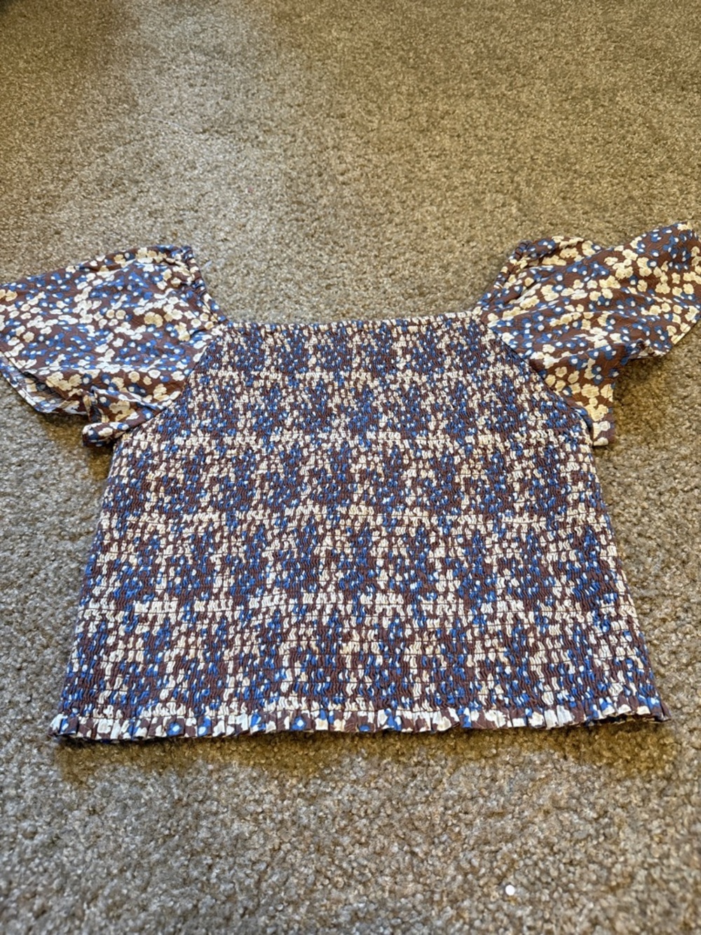 Everlane The Gauze Top Mocha Floral Smocked Puff Sleeve